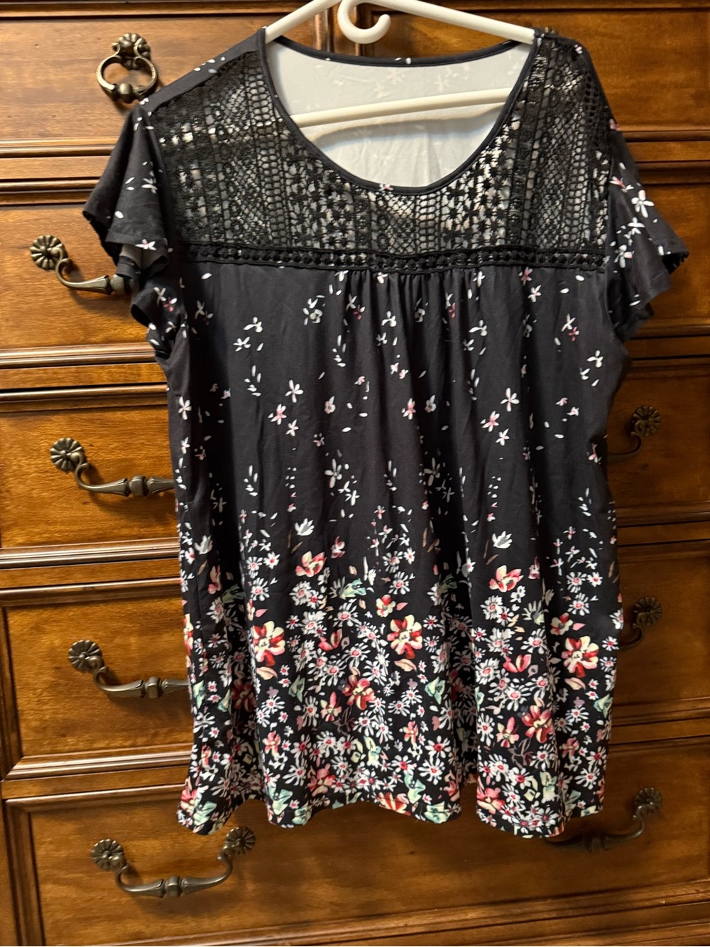 Black Floral Lace Yoke Flutter Sleeve Top